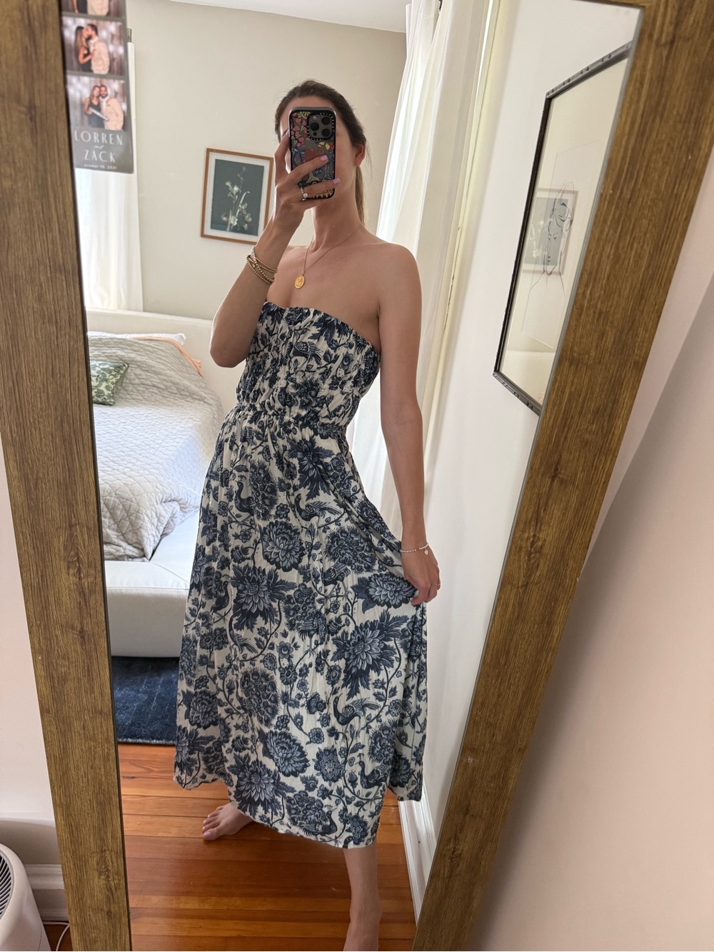 & Other Stories Strapless Floral Midi Dress in Navy and White